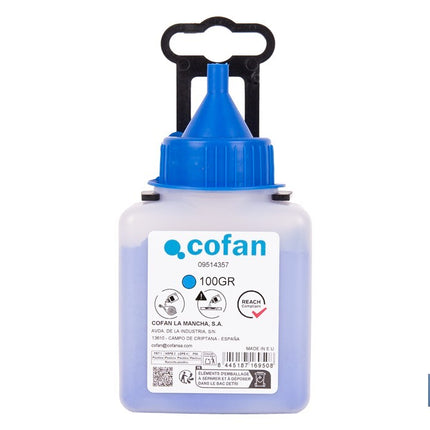 Frasco de polvo azul de trazado Cofan · Foto del fabricante