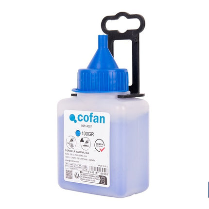 Frasco de polvo azul de trazado Cofan · Foto del fabricante