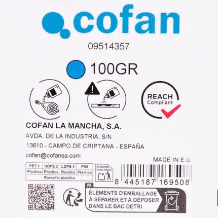 Frasco de polvo azul de trazado Cofan · Foto del fabricante