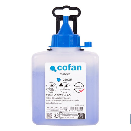 Frasco de polvo azul de trazado Cofan · Foto del fabricante