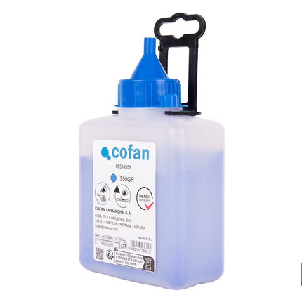 Frasco de polvo azul de trazado Cofan · Foto del fabricante