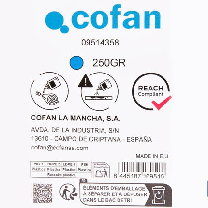 Frasco de polvo azul de trazado Cofan · Foto del fabricante