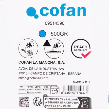 Frasco de polvo azul de trazado Cofan · Foto del fabricante