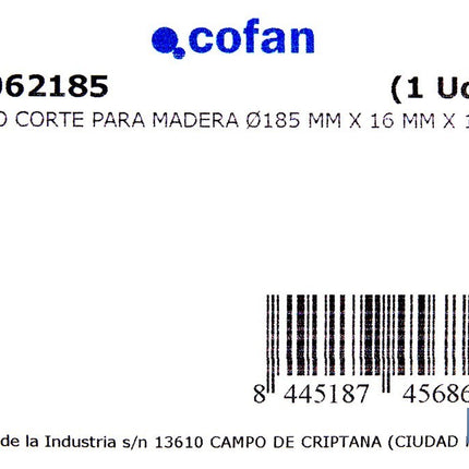 Disco de corte para madera Ø185 mm | Adecuada para sierra ingletadora | Cortes precisos en madera, plástico y metal blando
