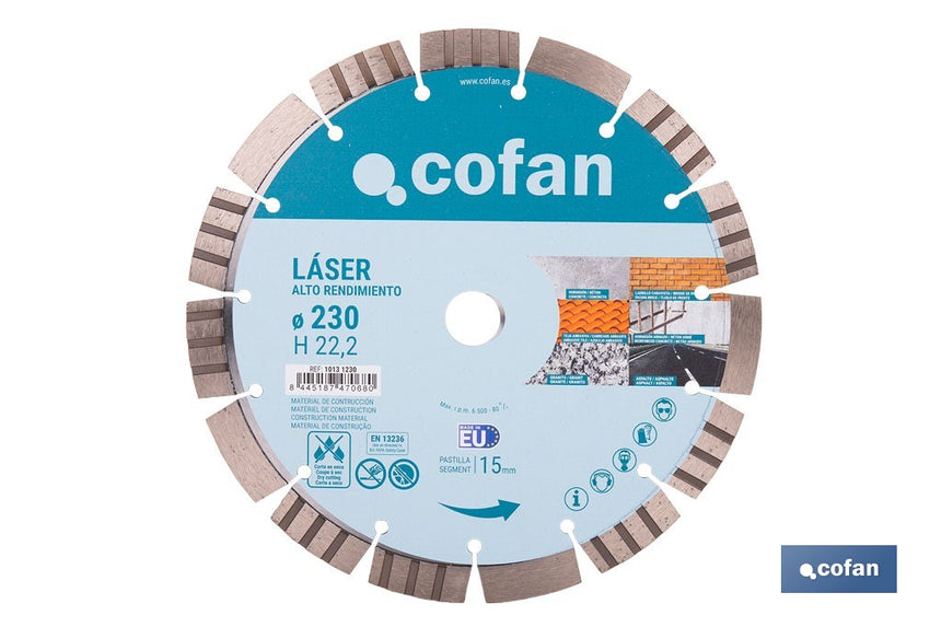 Disco de diamante de alto rendimiento Ø230 mm | Corte en seco en hormigón, asfalto, granito | Espesor de 3 mm y segmento de 15 mm