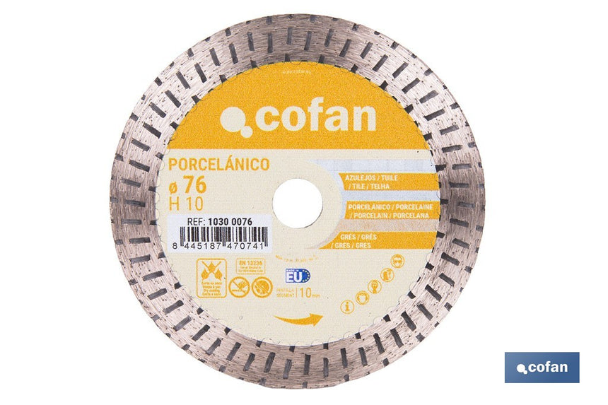 Disco de diamante porcelánico Ø76 mm | Corte en seco de gres, cerámica y azulejos | Compatible con mini amoladora Cofan