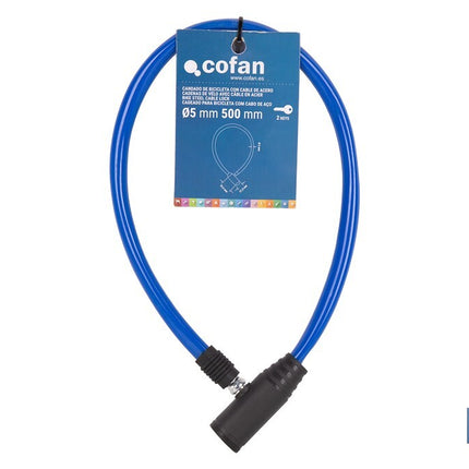 Candado antirrobo para bicicletas | Cable de acero de Ø5 mm | Longitud: 50 cm | Incluye 2 llaves | Revestimiento de PVC azul