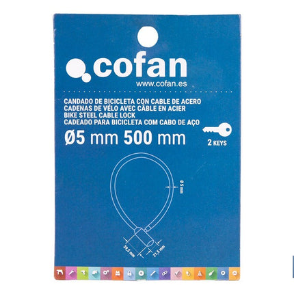 Candado antirrobo para bicicletas | Cable de acero de Ø5 mm | Longitud: 50 cm | Incluye 2 llaves | Revestimiento de PVC azul