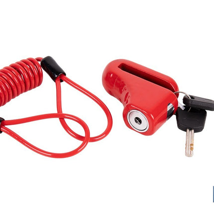 Candado de freno de disco | Cable rojo de 1 metro | Ideal para bicicleta, moto o patinete | Incluye 2 llaves tubulares | Cuerpo de aleación | Medidas: 7,5 x 2,5 x 5,8 cm