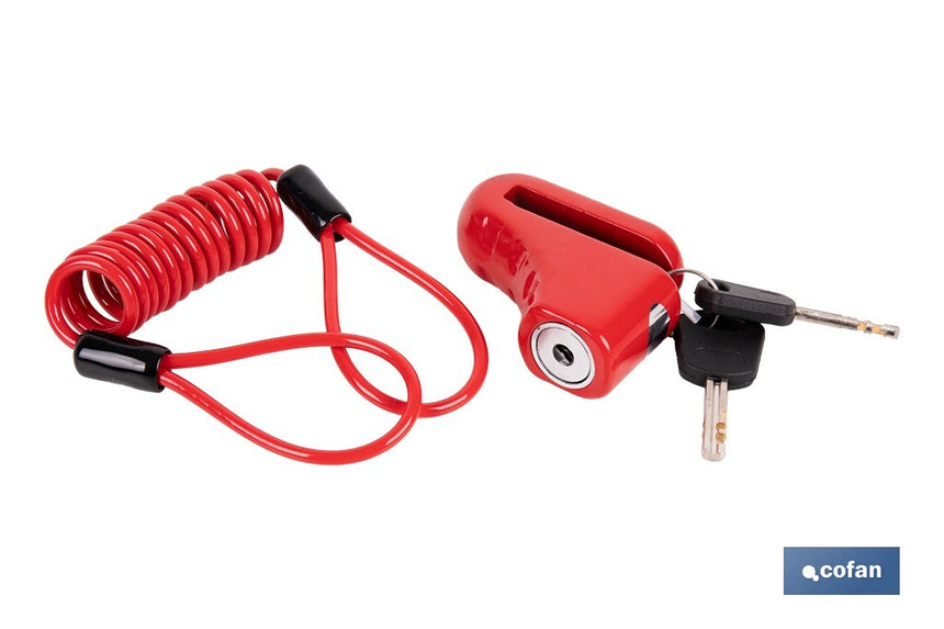 Candado de freno de disco | Cable rojo de 1 metro | Ideal para bicicleta, moto o patinete | Incluye 2 llaves tubulares | Cuerpo de aleación | Medidas: 7,5 x 2,5 x 5,8 cm