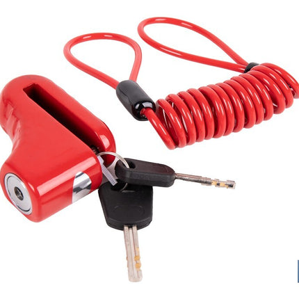 Candado de freno de disco | Cable rojo de 1 metro | Ideal para bicicleta, moto o patinete | Incluye 2 llaves tubulares | Cuerpo de aleación | Medidas: 7,5 x 2,5 x 5,8 cm