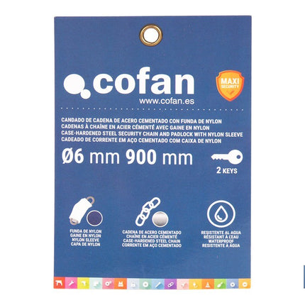 Candado de cadena de acero cementado | Cadena de Ø6 mm y longitud de 90 cm | Funda de nylon azul | Incluye 2 llaves de seguridad