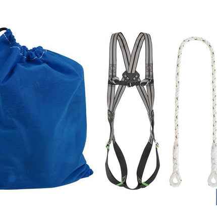 Conjunto arnés completo | 2 puntos anclaje | Cuerda seguridad | 2 mosquetones | EN 361/EN 354/EN 362