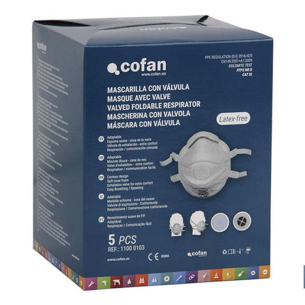 Mascarilla FFP3D | No Reutilizable | Con válvula de Exhalación | Eficiencia de Filtración superior al 94% | Pack de 5 Unidades