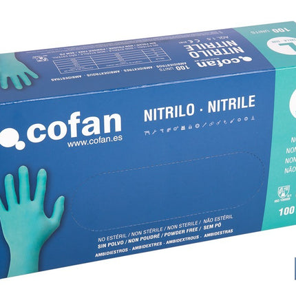 Caja de 100 guantes de nitrilo desechables de color verde, sin polvo, de alta resistencia y protección profesional Cofan · Imagen de la familia Cofan