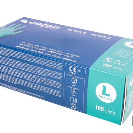 Caja de 100 guantes de nitrilo desechables de color verde, sin polvo, de alta resistencia y protección profesional Cofan · Imagen de la familia Cofan
