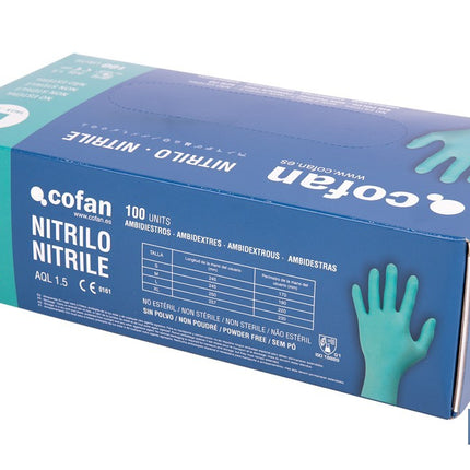 Caja de 100 guantes de nitrilo desechables de color verde, sin polvo, de alta resistencia y protección profesional Cofan · Imagen de la familia Cofan