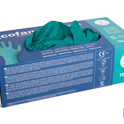 Caja de 100 guantes de nitrilo desechables de color verde, sin polvo, de alta resistencia y protección profesional Cofan · Imagen de la familia Cofan