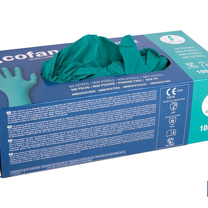 Caja de 100 guantes de nitrilo desechables de color verde, sin polvo, de alta resistencia y protección profesional Cofan · Imagen de la familia Cofan