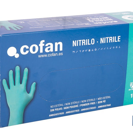 Caja de 100 guantes de nitrilo desechables de color verde, sin polvo, de alta resistencia y protección profesional Cofan · Imagen de la familia Cofan