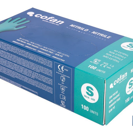 Caja de 100 guantes de nitrilo desechables de color verde, sin polvo, de alta resistencia y protección profesional Cofan · Imagen de la familia Cofan