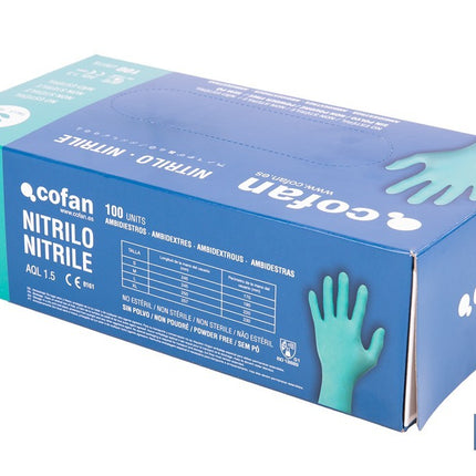 Caja de 100 guantes de nitrilo desechables de color verde, sin polvo, de alta resistencia y protección profesional Cofan · Imagen de la familia Cofan