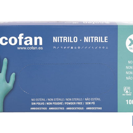 Caja de 100 guantes de nitrilo desechables de color verde, sin polvo, de alta resistencia y protección profesional Cofan · Imagen de la familia Cofan