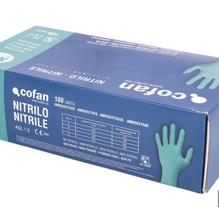 Caja de 100 guantes de nitrilo desechables de color verde, sin polvo, de alta resistencia y protección profesional Cofan · Imagen de la familia Cofan
