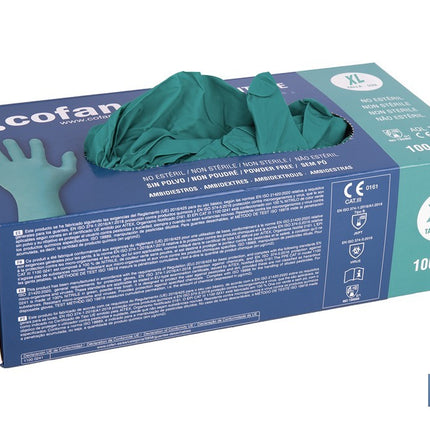 Caja de 100 guantes de nitrilo desechables de color verde, sin polvo, de alta resistencia y protección profesional Cofan · Imagen de la familia Cofan