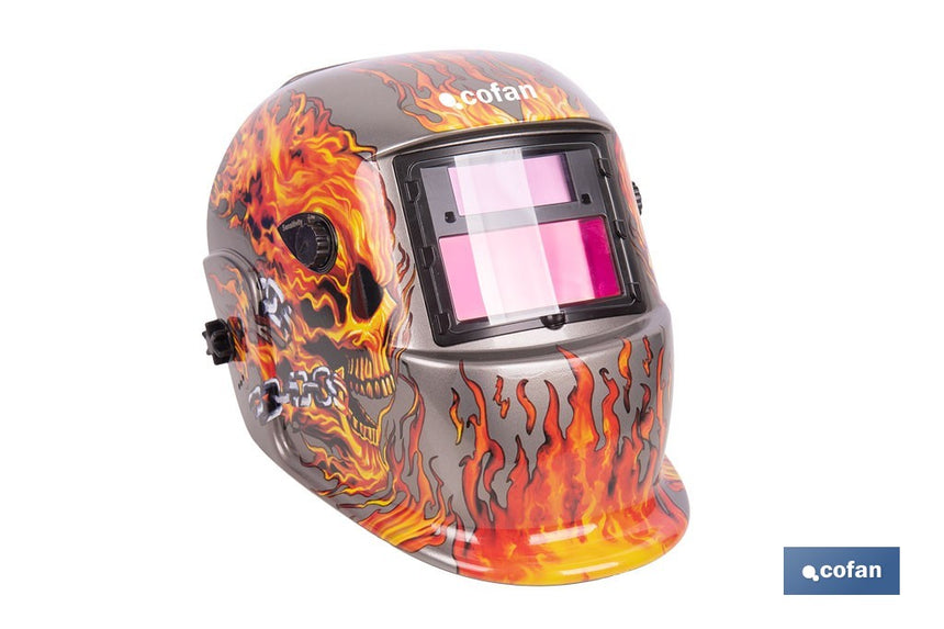 Casco de soldadura automático Fire Skull | Solar, oscurecimiento automático DIN 9-13 | Adecuado para soldadura tipo ARC, MIG, MAG y TIG