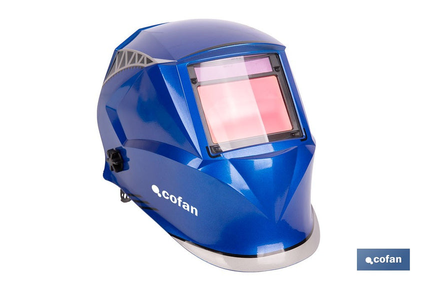 Casco de soldadura automático Blue Flying Shark | Solar, oscurecimiento automático DIN 4-9 / DIN 9-13 | 4 sensores y visor panorámico | Adecuado para soldadura tipo ARC, MIG, MAG y TIG