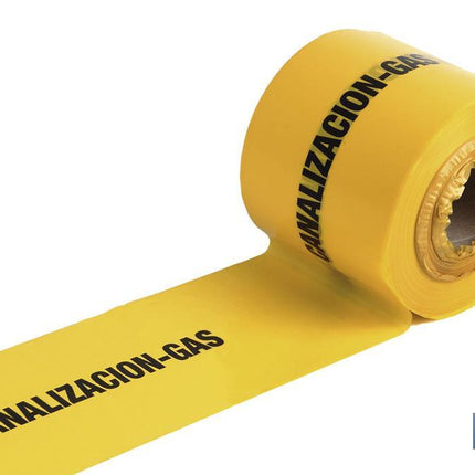 Cinta de balizamiento no adhesiva | Color amarillo con texto CANALIZACION GAS | Medida: 150 mm | Longitud: 250 metros | Galga 300
