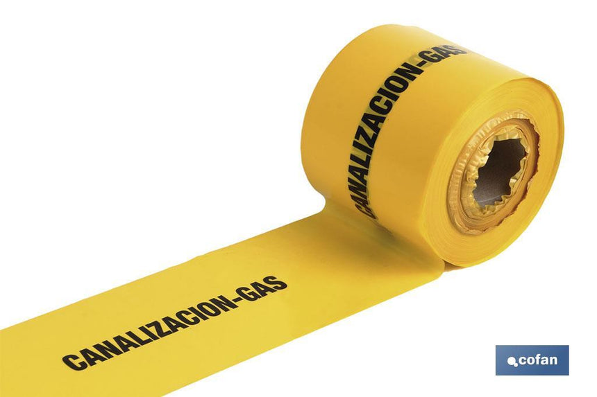 Cinta de balizamiento no adhesiva | Color amarillo con texto CANALIZACION GAS | Medida: 150 mm | Longitud: 250 metros | Galga 300