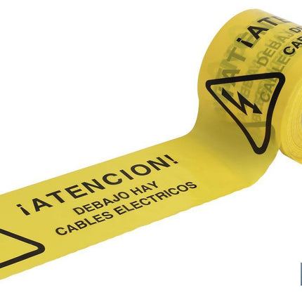 Cinta de balizamiento no adhesiva | Color amarillo | Texto ATENCIÓN CABLES ELÉCTRICOS | Medida: 150 mm | Longitud: 250 metros | Galga 300