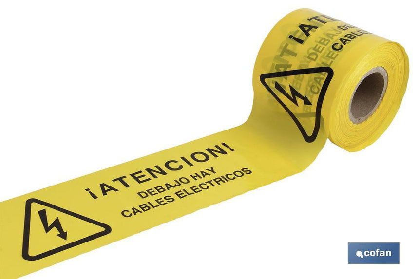 Cinta de balizamiento no adhesiva | Color amarillo | Texto ATENCIÓN CABLES ELÉCTRICOS | Medida: 150 mm | Longitud: 250 metros | Galga 300