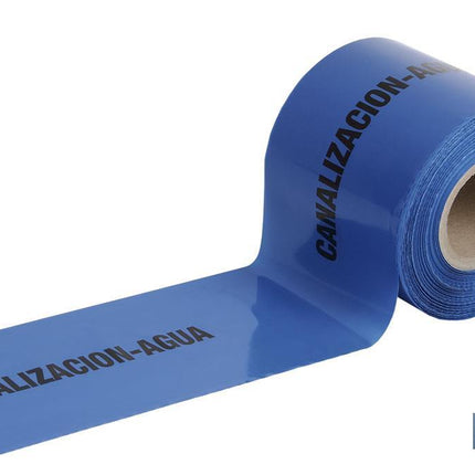 Cinta de balizamiento no adhesiva | Color azul | Texto: CANALIZACIÓN AGUA | Medida: 150 mm | Longitud: 250 metros | Galga 300