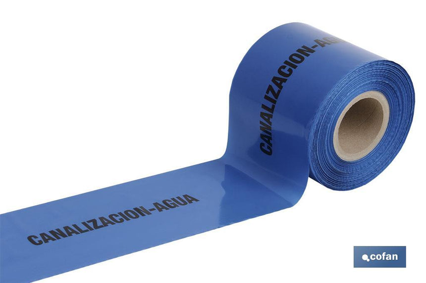 Cinta de balizamiento no adhesiva | Color azul | Texto: CANALIZACIÓN AGUA | Medida: 150 mm | Longitud: 250 metros | Galga 300