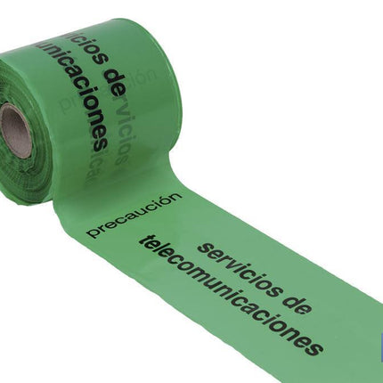Cinta de balizamiento no adhesiva | Color verde | Texto Precaución Servicio de Telecomunicaciones | Medida: 150 mm | Longitud: 250 metros | Galga 300