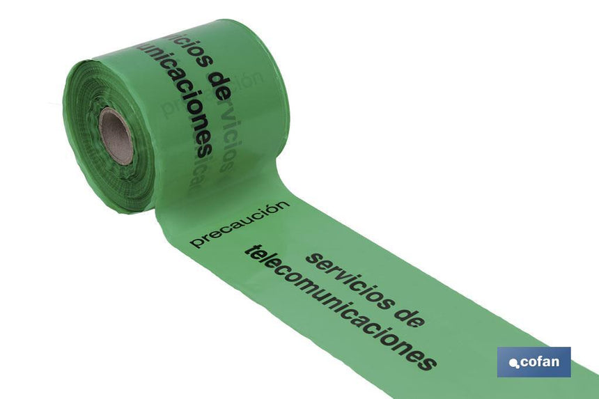 Cinta de balizamiento no adhesiva | Color verde | Texto Precaución Servicio de Telecomunicaciones | Medida: 150 mm | Longitud: 250 metros | Galga 300