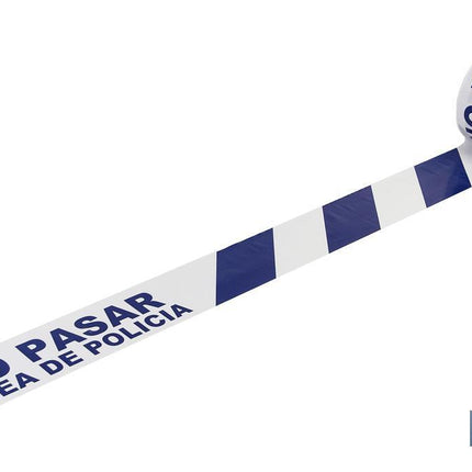 Cinta de balizamiento no adhesiva | Color azul y blanco | Texto: NO PASAR LÍNEA DE POLICíA | Medida: 80 mm | Longitud: 100 metros | Galga 300