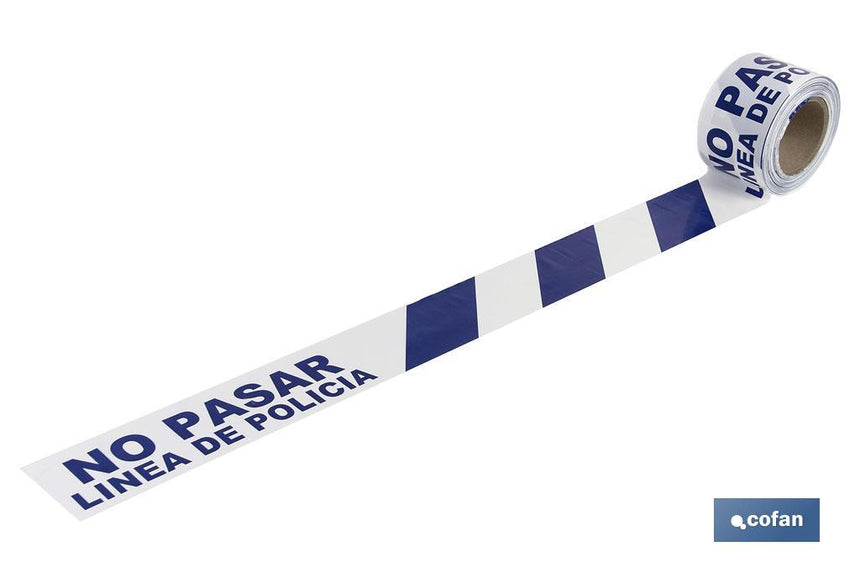 Cinta de balizamiento no adhesiva | Color azul y blanco | Texto: NO PASAR LÍNEA DE POLICíA | Medida: 80 mm | Longitud: 100 metros | Galga 300