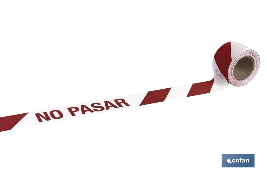 Cinta de balizamiento no adhesiva | Color: rojo y blanco | Texto: NO PASAR | Medida: 80 mm x 100 m | Galga 300