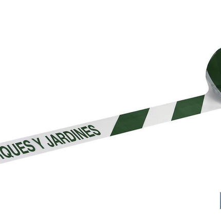 Cinta de balizamiento no adhesiva | Color: verde y blanco | Texto: PARQUES Y JARDINES | Medida: 80 mm x 100 m | Galga 300