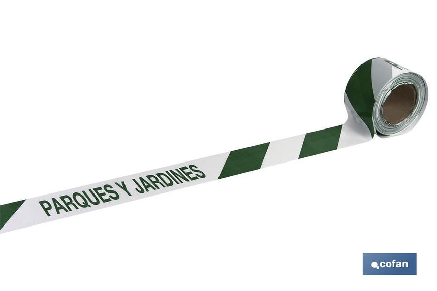Cinta de balizamiento no adhesiva | Color: verde y blanco | Texto: PARQUES Y JARDINES | Medida: 80 mm x 100 m | Galga 300