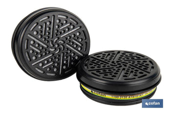 Set de 2 filtros para media máscara | Filtros de tipo A1B1E1K1 | Cartucho de polietileno de alta densidad | Protección contra gases y vapores orgánicos | Conforme con EN 14387:2004+A1:2008