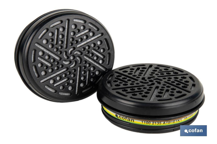 Set de 2 filtros para media máscara | Filtros de tipo A1B1E1K1 | Cartucho de polietileno de alta densidad | Protección contra gases y vapores orgánicos | Conforme con EN 14387:2004+A1:2008