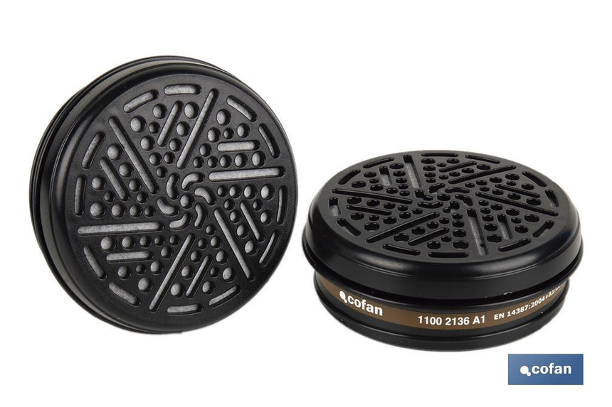 Set de 2 filtros para media máscara | Filtros de tipo A1 | Cartucho de polietileno de alta densidad | Protección contra gases y vapores de químicos compuestos | Conforme con EN 14387:2004+A1:2008
