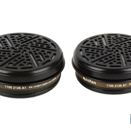 Set de 2 filtros para media máscara | Filtros de tipo A1 | Cartucho de polietileno de alta densidad | Protección contra gases y vapores de químicos compuestos | Conforme con EN 14387:2004+A1:2008