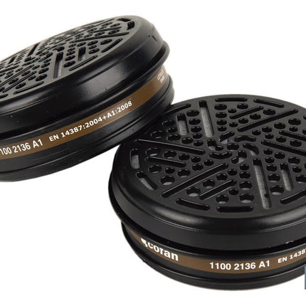 Set de 2 filtros para media máscara | Filtros de tipo A1 | Cartucho de polietileno de alta densidad | Protección contra gases y vapores de químicos compuestos | Conforme con EN 14387:2004+A1:2008