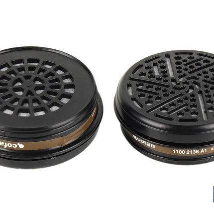 Set de 2 filtros para media máscara | Filtros de tipo A1 | Cartucho de polietileno de alta densidad | Protección contra gases y vapores de químicos compuestos | Conforme con EN 14387:2004+A1:2008